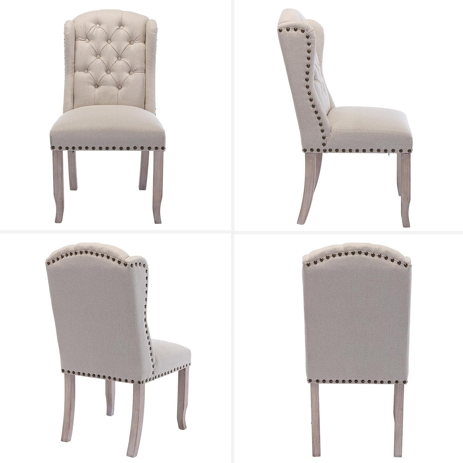 Set of four beige upholstered chairs with nailhead trim on a white background