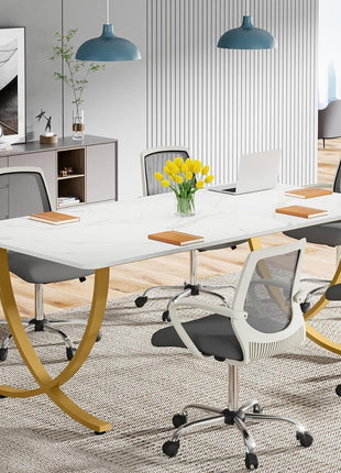 Executive Desk, 63” W X 31.5” D Large Office Desk, Modern Computer Desk Conference Table Meeting Room Table, Business Furniture for Home Office, White and Gold-3