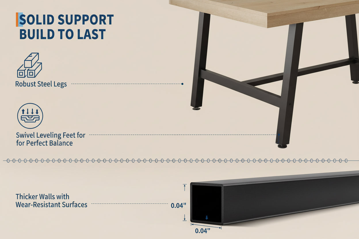Table with robust steel legs and swivel leveling feet, featuring text on solid support.