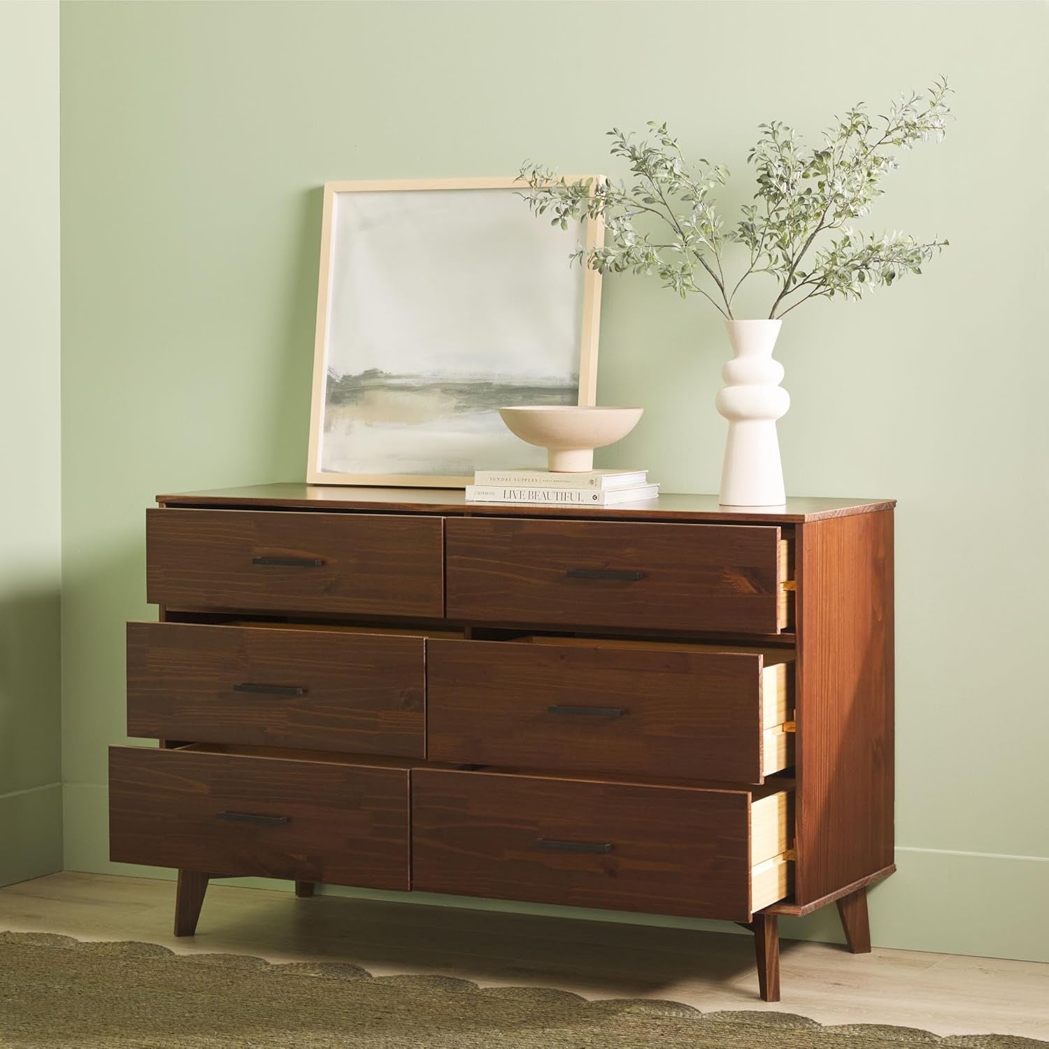 Hardy Haus 6 Drawer Solid Pine Wood Dresser With Walnut Finish