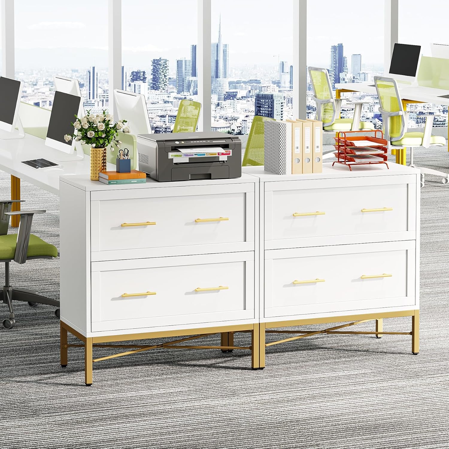 White office desk with gold legs in a modern office setting
