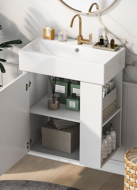 21.6inch Modern Floating Bathroom Vanity with Ceramic Basin - Perfect for Small Bathrooms, Right side storage-1