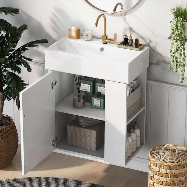 21.6inch Modern Floating Bathroom Vanity with Ceramic Basin - Perfect for Small Bathrooms, Right side storage-1
