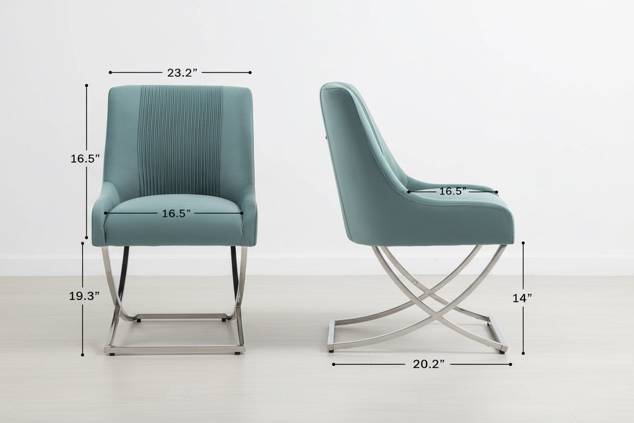 Blue chair with dimensions labeled on a white background