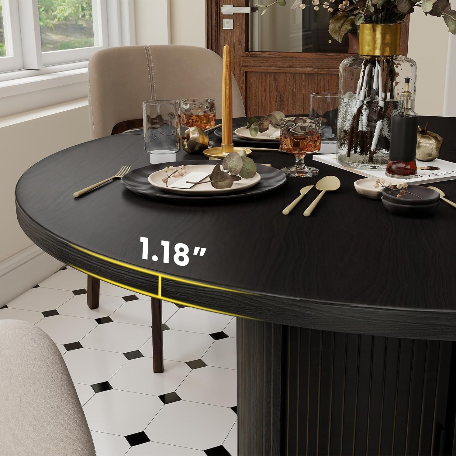 Dining table with decorative items and a measurement label in a room with a window and sofa.