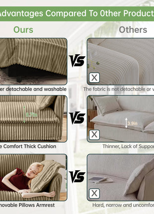 Slipcovered L Shape Sectional Long Sofa Couch, 4 Seater Sofa with Suppleness Armrests,Deep Seat Sofa with 2 Big Pillows, Comfy Couch for Living Room, Apartment, Camel Corduroy Fabric-4