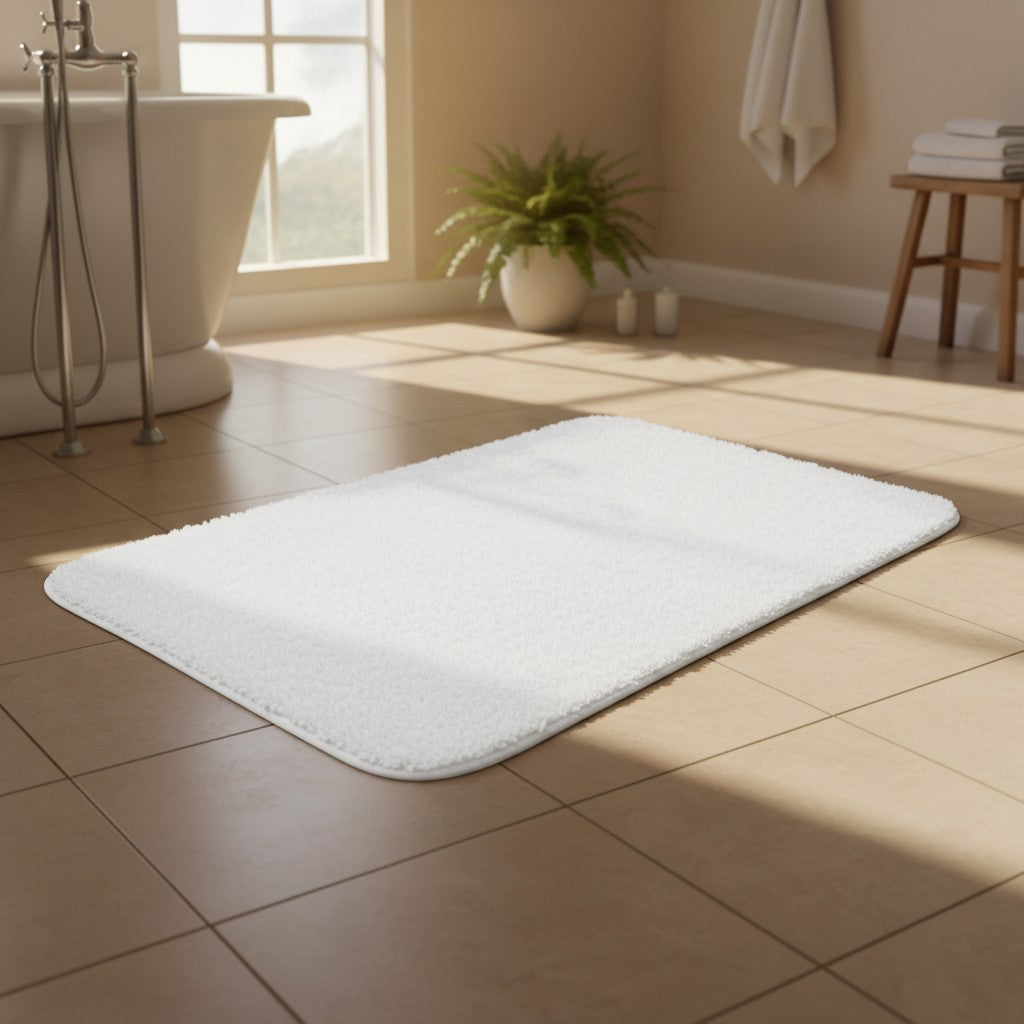White bath mat on a tiled bathroom floor with a bathtub and window in the background.