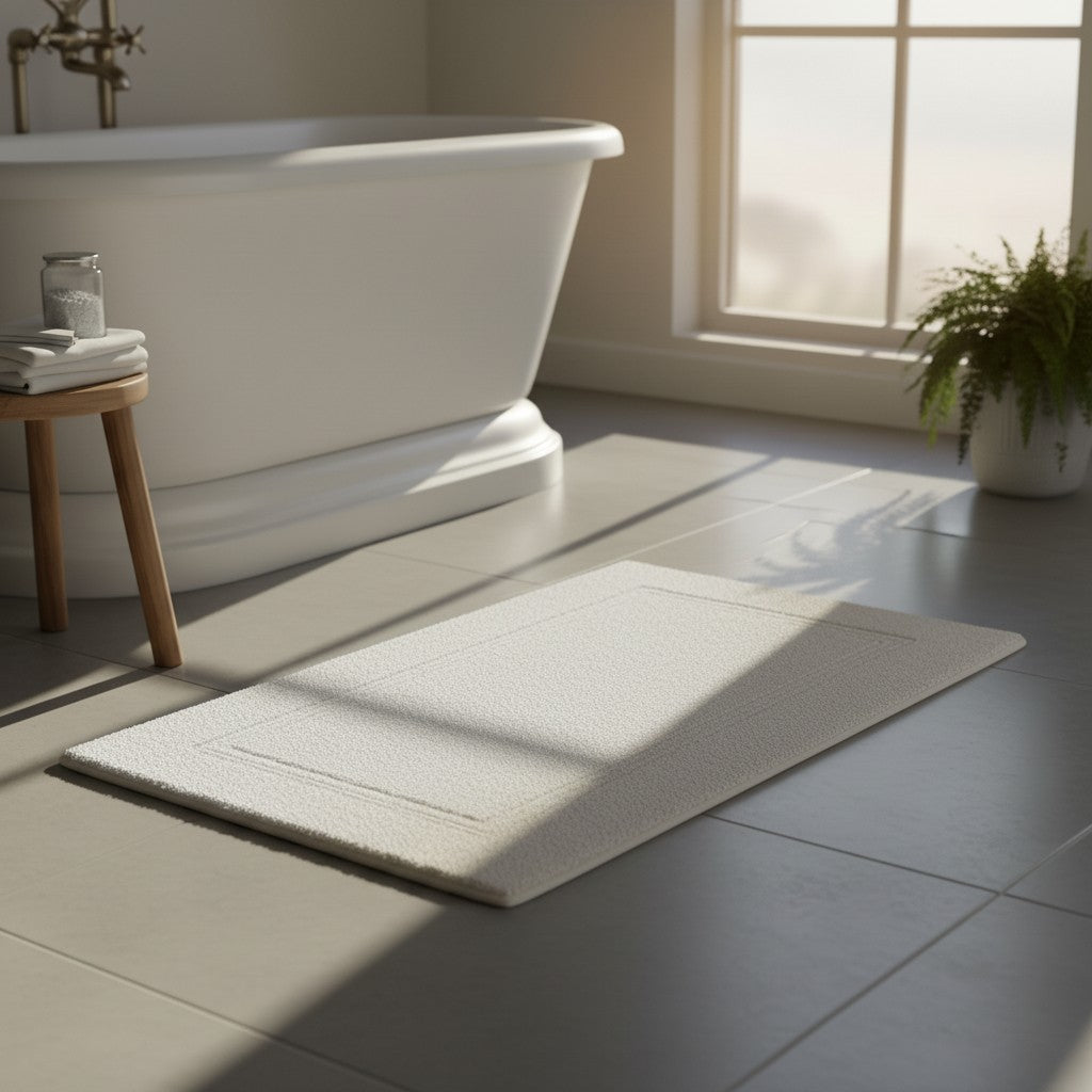 Bathroom with a white freestanding bathtub, bath mat, and wooden stool.