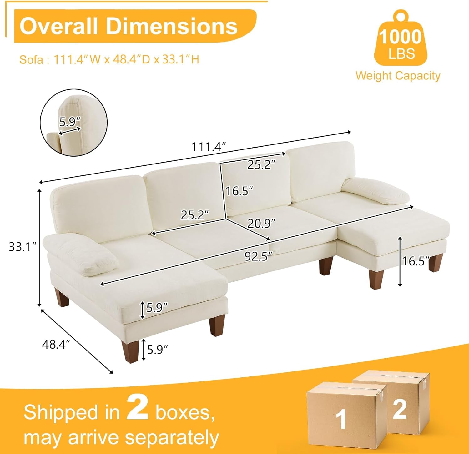 White sectional sofa with dimensions and weight capacity information on a yellow background