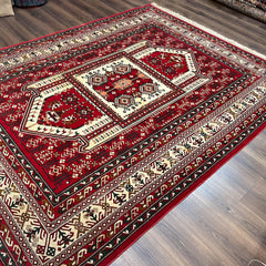 Wool Kazak Pattern Rug 7x10, Geometric Pakistani Hand Knotted Carpet, Large Medallion, Red Cream Dark Green, Room Sized Vintage Oriental Rug-1