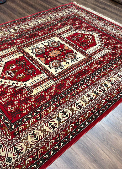 Wool Kazak Pattern Rug 7x10, Geometric Pakistani Hand Knotted Carpet, Large Medallion, Red Cream Dark Green, Room Sized Vintage Oriental Rug-1