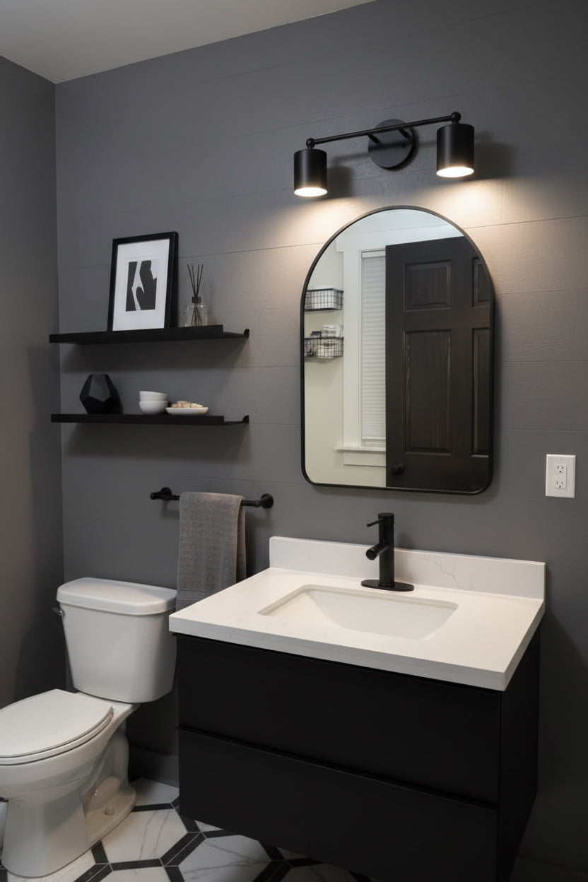 Bathroom with shelves, mirror, and sink