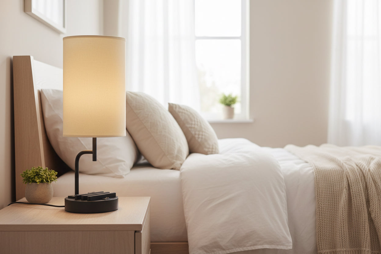 Table lamp with beige shade and black base on a white background