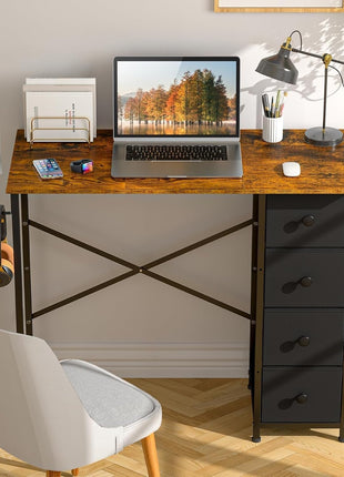 Computer Desk with 4 Fabric Drawers, 35.4 Inch Small Home Office Writing Desk, Simple Table PC Desk for Small Places, Kids Girls Teen Study Writing Desk for Bedroom Dorm Rustic Brown-3