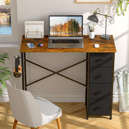 Computer Desk with 4 Fabric Drawers, 35.4 Inch Small Home Office Writing Desk, Simple Table PC Desk for Small Places, Kids Girls Teen Study Writing Desk for Bedroom Dorm Rustic Brown-3