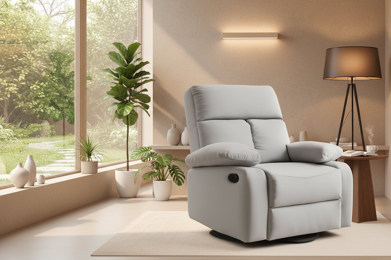 Hardy Haus Light Grey Swivel Rocker Recliner Chair | Compact Leather Lounge Chair