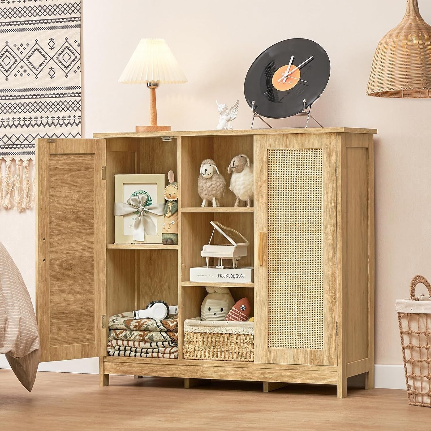 Rattan Storage Cabinet With 4 Adjustable Shelves Natural