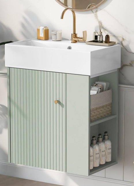 21.6 inch Modern Floating Bathroom Vanity with Ceramic Basin - Perfect for Small Bathrooms, Right side storage-0
