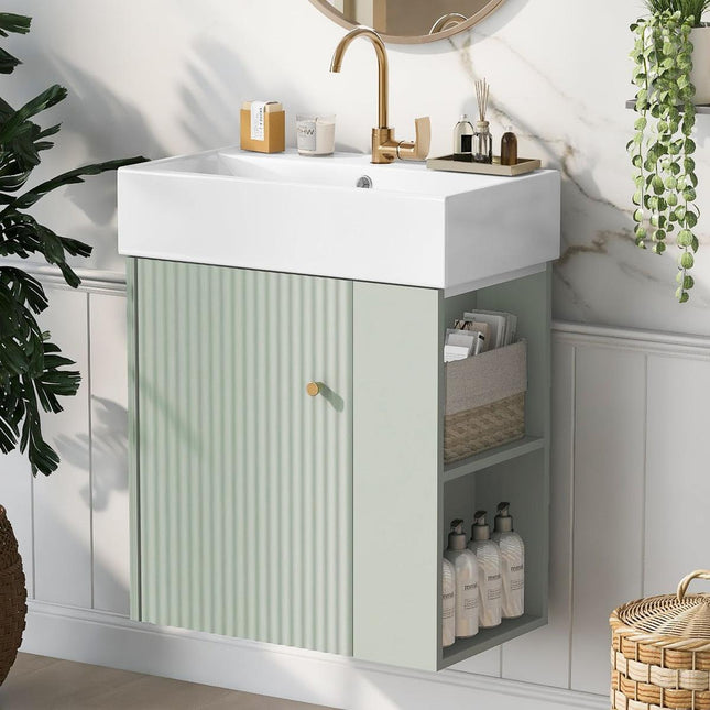 21.6 inch Modern Floating Bathroom Vanity with Ceramic Basin - Perfect for Small Bathrooms, Right side storage-0