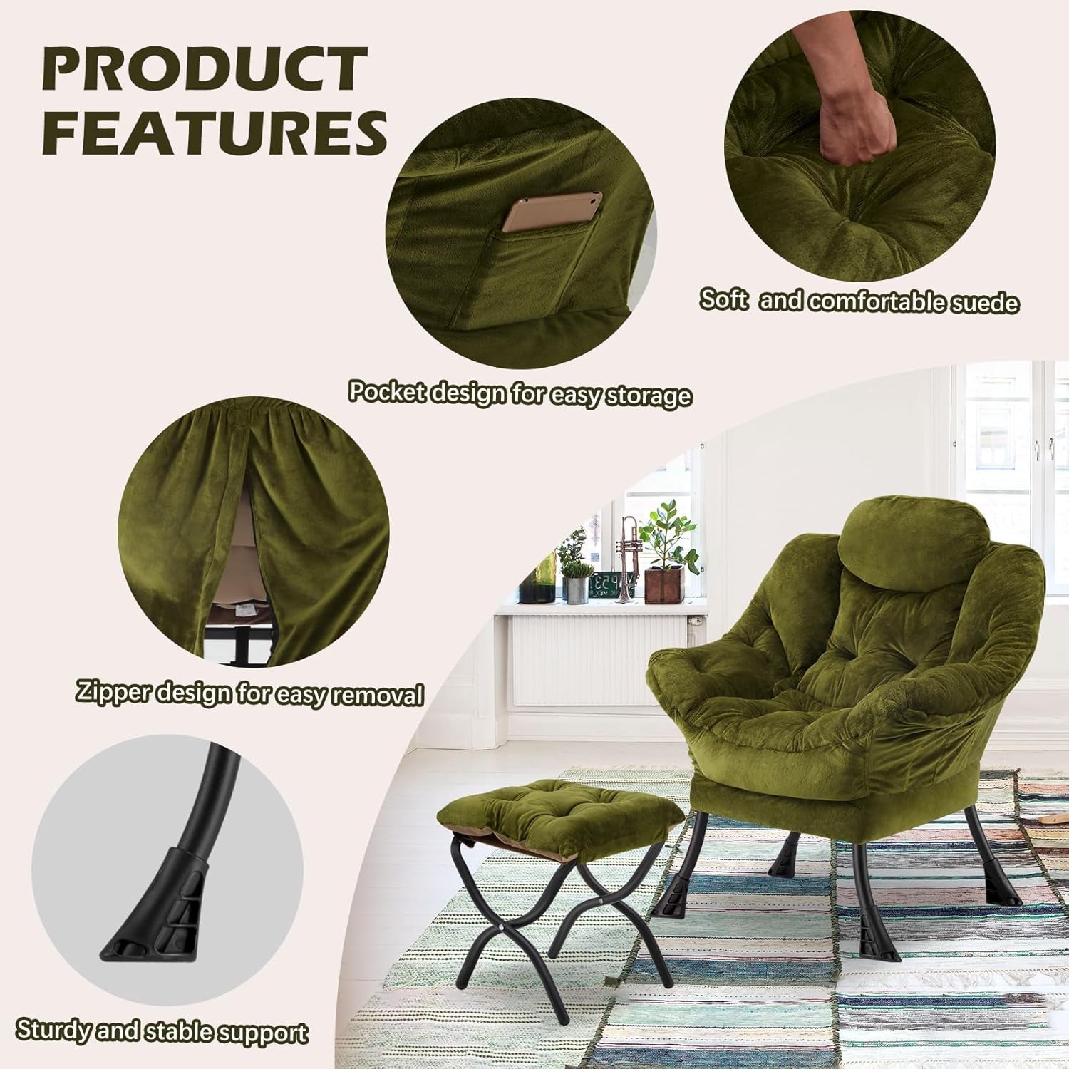 Green suede chair with features highlighted on a light background