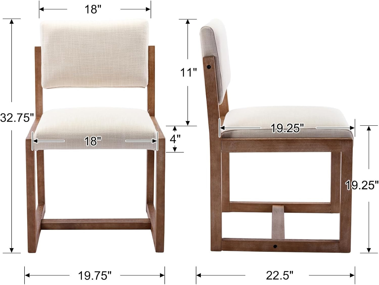 Wooden chair with white cushioned seat and backrest, showing dimensions on a white background.