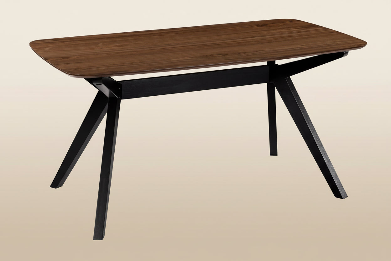 Wooden table with black metal legs on a white background