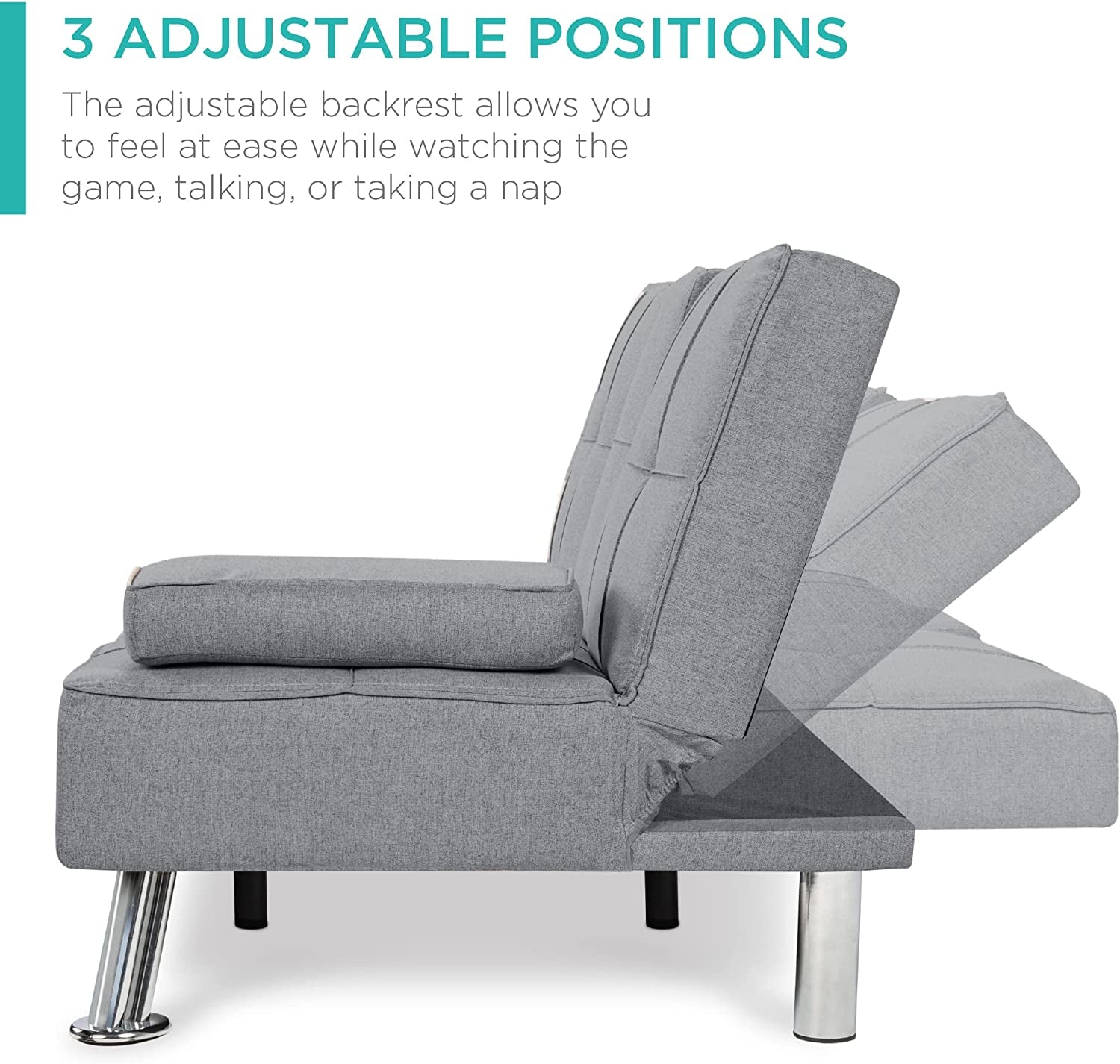 Gray adjustable chair with text highlighting its three adjustable positions on a white background