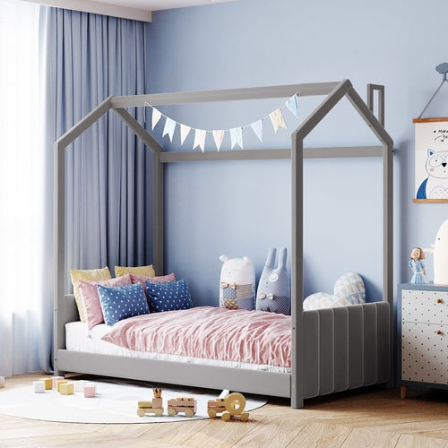 Twin Size Velvet House Bed Wood Bed