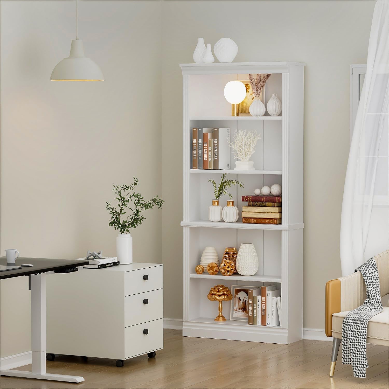 White bookshelf with decorative items in a room with a desk and chair.