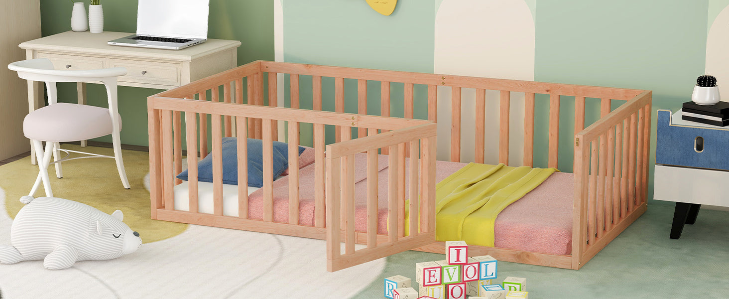 Twin Size Wood Floor Bed Frame with Fence and Door