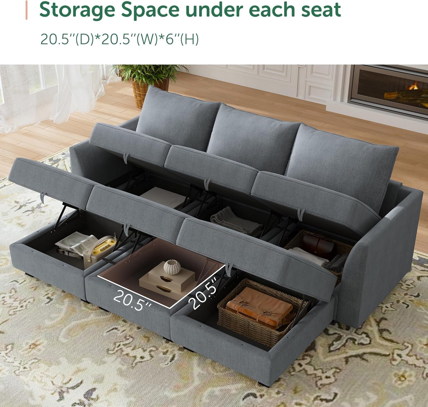 Gray sectional sofa with storage space under each seat in a living room setting.