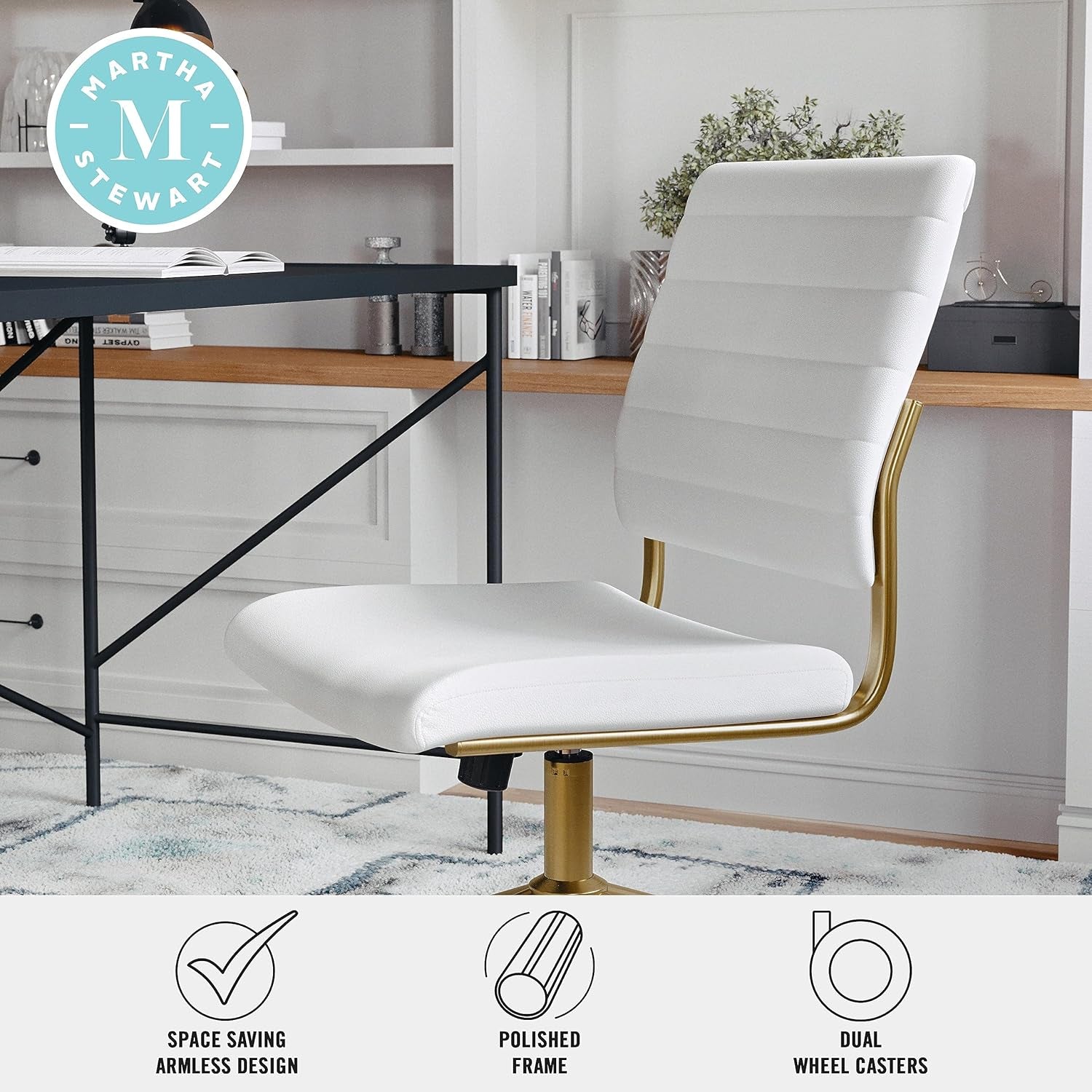 White office chair with gold accents in a home office setting, featuring Martha Stewart logo.