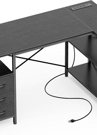 L Shaped Desk with Power Outlets, Computer Desk with 3 Drawers, 47 Inch Office Desk with Shelves, Gaming Desk, Corner Desk Work Desk for Home Office, Study, Black-0