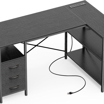 L Shaped Desk with Power Outlets, Computer Desk with 3 Drawers, 47 Inch Office Desk with Shelves, Gaming Desk, Corner Desk Work Desk for Home Office, Study, Black-0