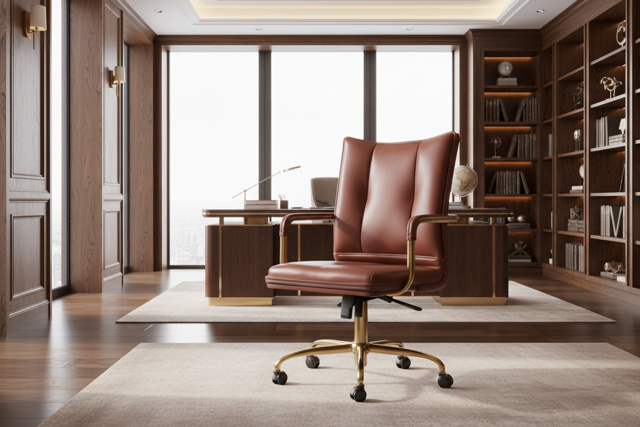 Brown leather office chair in a room with a beige wall and a small table.