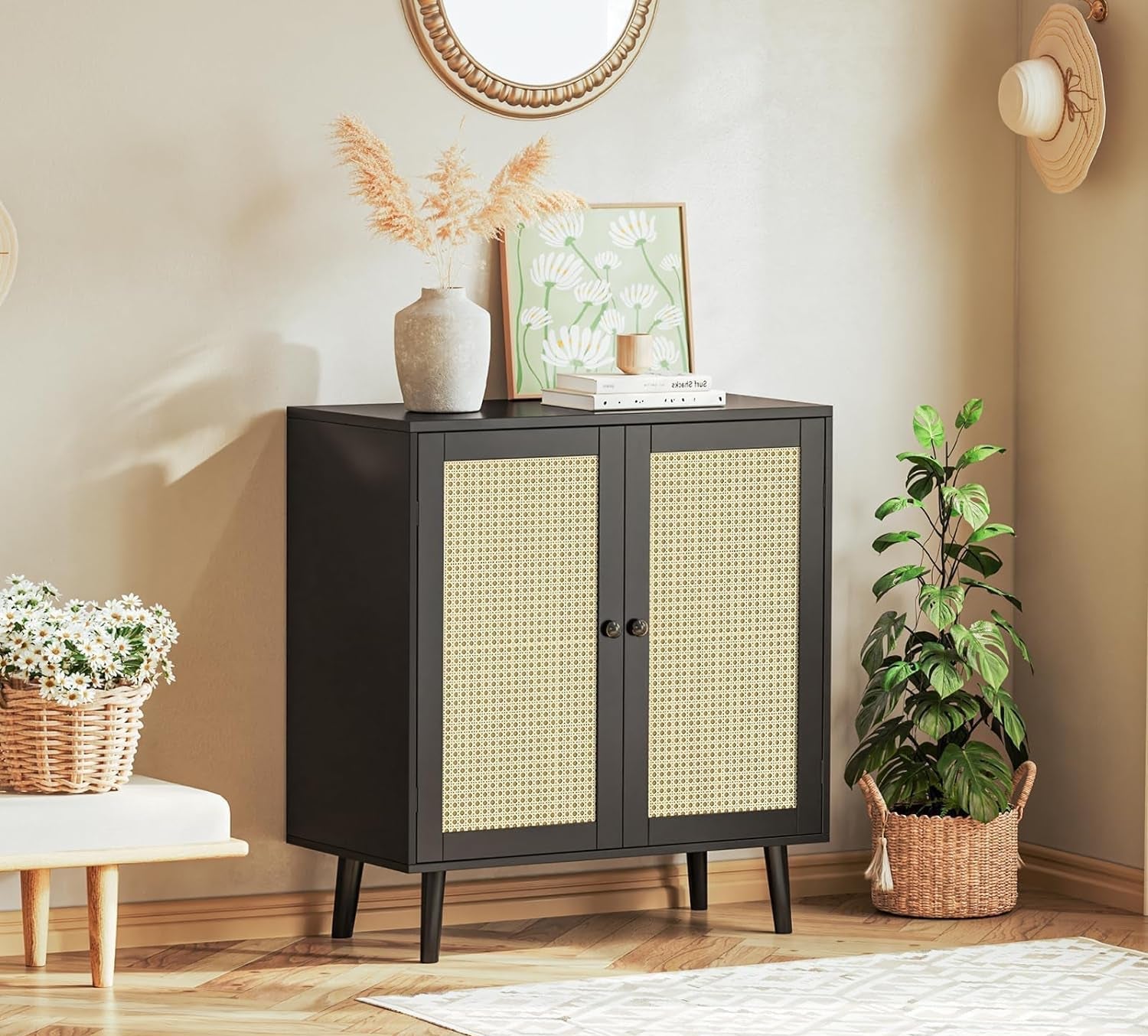 Boho cabinet with decorative items in a room setting