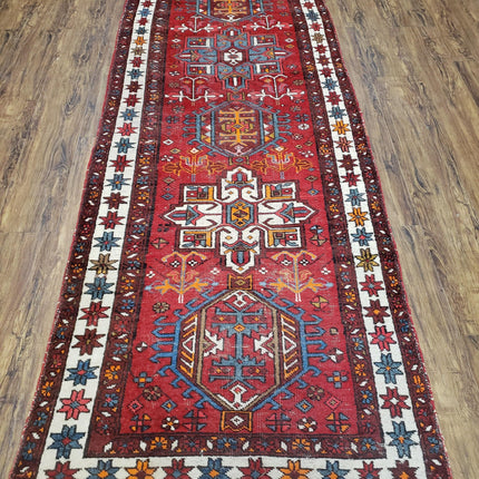 Antique Persian Heriz Karajeh Runner Rug, Red, Hand-Knotted, Wool, 3' 3" x 10' 11"-0