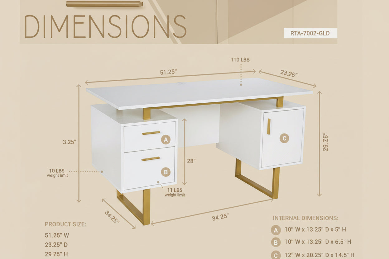 White desk with gold accents and dimensions labeled