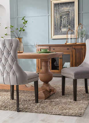 Set of 2 Light Gray Velvet Tufted Wingback Dining Side Chairs, Nailhead, Solid Wood Legs-0