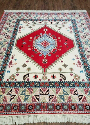 Vintage Moroccan Carpet 5x7 Area Rug, Berber Rug, Handmade Soft Wool Rug, Red Ivory and Blue, Geometric Medallion Rug, Bohemian Rug, Nice-0