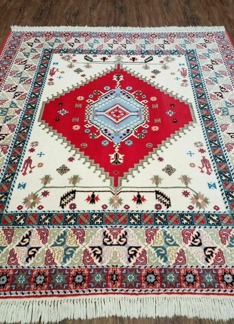 Vintage Moroccan Carpet 5x7 Area Rug, Berber Rug, Handmade Soft Wool Rug, Red Ivory and Blue, Geometric Medallion Rug, Bohemian Rug, Nice-0