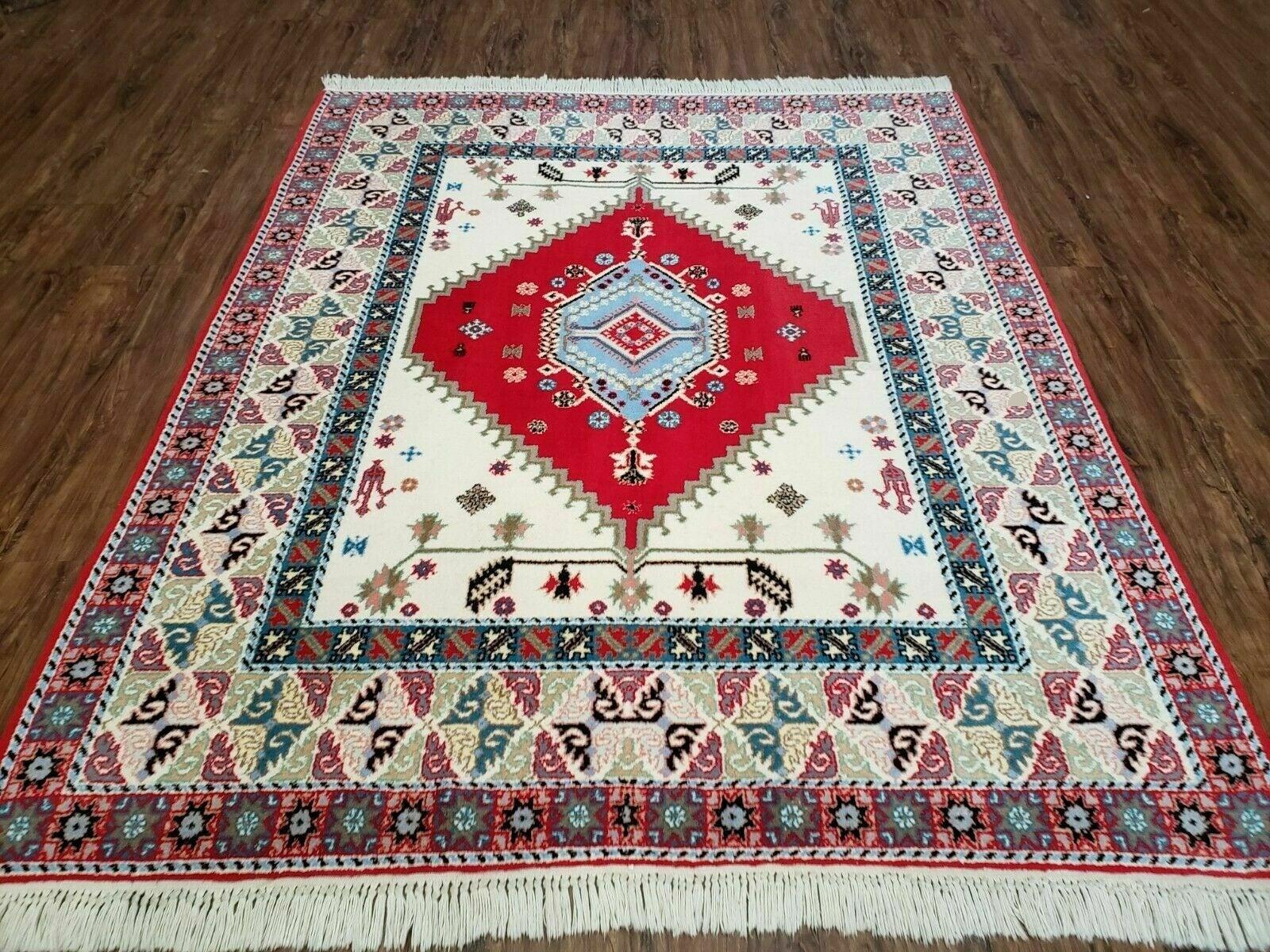 Vintage Moroccan Carpet 5x7 Area Rug, Berber Rug, Handmade Soft Wool Rug, Red Ivory and Blue, Geometric Medallion Rug, Bohemian Rug, Nice-0