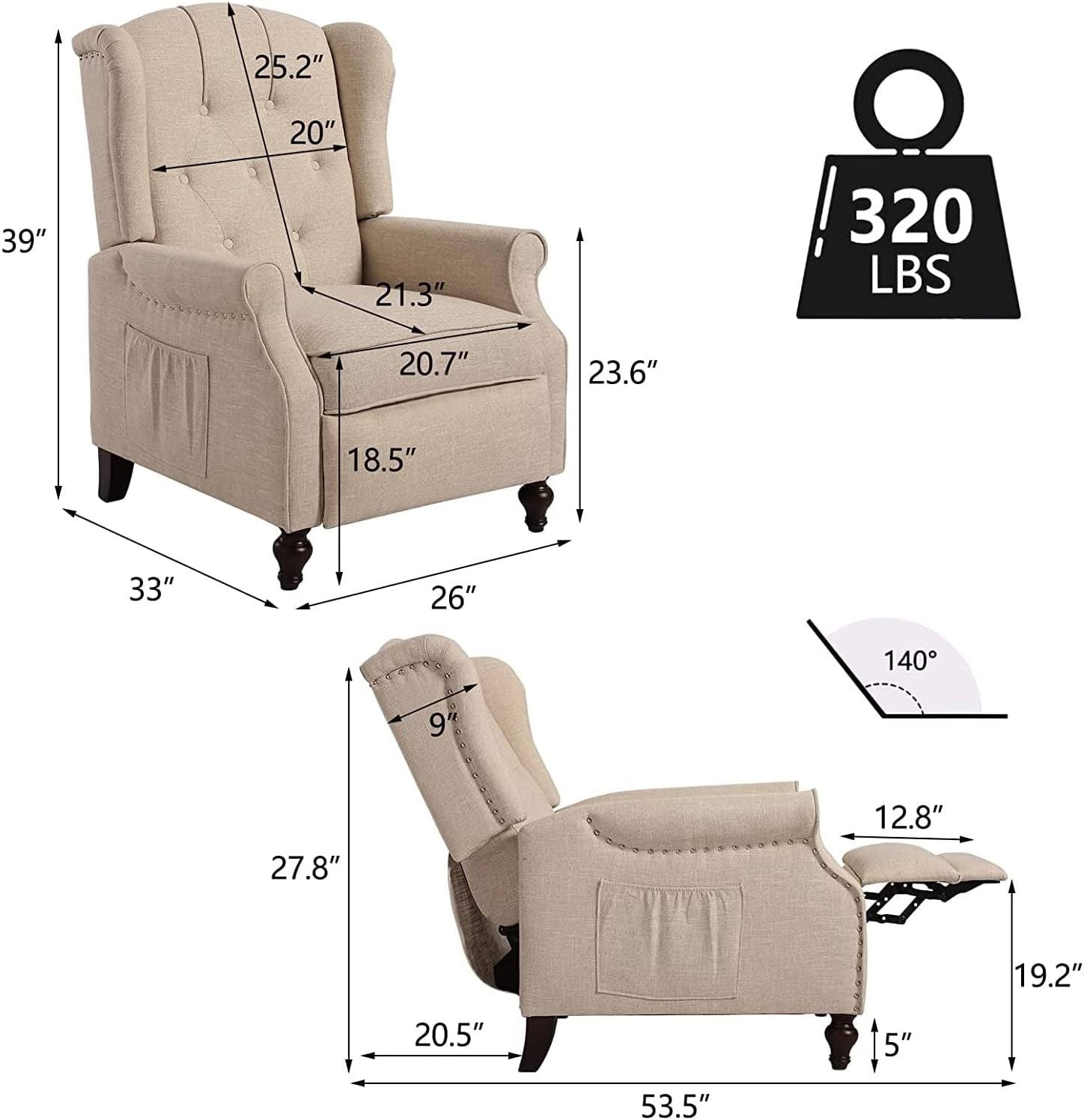 Beige recliner chair with dimensions and weight capacity on a white background