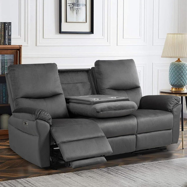 Gray 3-Seat Power Recliner Sofa with Table & USB Ports