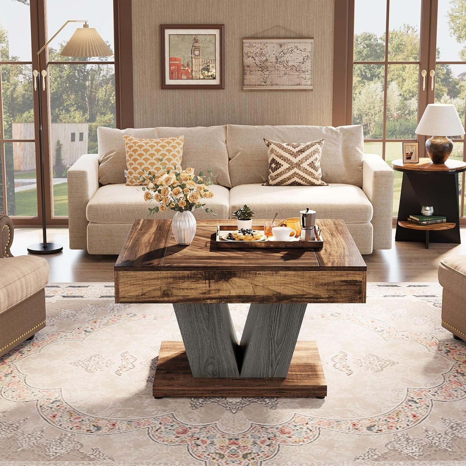 Living room with a beige sofa, wooden coffee table, and decorative items.