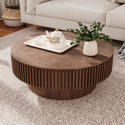 31.5'' Round Coffee Table with Storage Solid Wood Veneered Modern Coffee Table Accent Tea Table for Living Room, Bedroom, Apartment or Office, Walnut-1