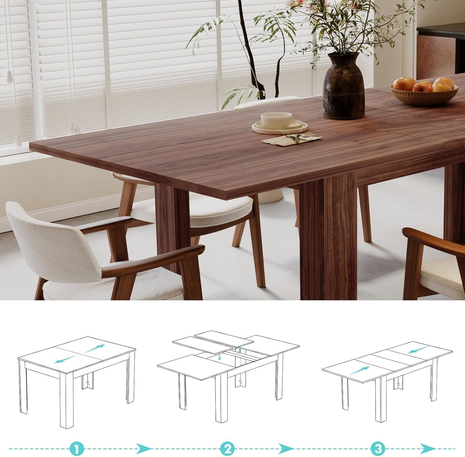 Wooden dining table with chairs in a room with white walls and a window.