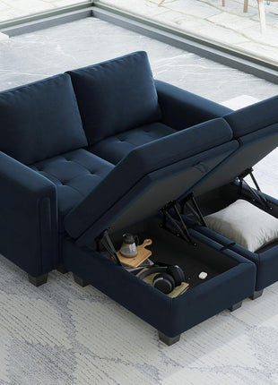 Velvet Modular Sectional Sofa Couch with Storage Convertible Sectional Sleeper Sofa Couch Bed Set with Reversible Chaise Blue-3