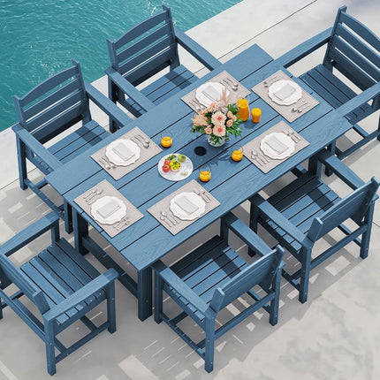 7-Piece Patio Dining Table Sets, Outdoor HDPE Dining Furniture Set with Umbrella Hole Cut-Out Table and 6 Chairs, Blue-0