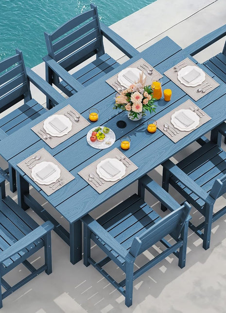7-Piece Patio Dining Table Sets, Outdoor HDPE Dining Furniture Set with Umbrella Hole Cut-Out Table and 6 Chairs, Blue-0